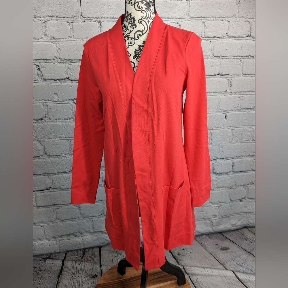 Isaac Mizrahi women's long sleeve stretch knit xs open front jacket pockets bb10